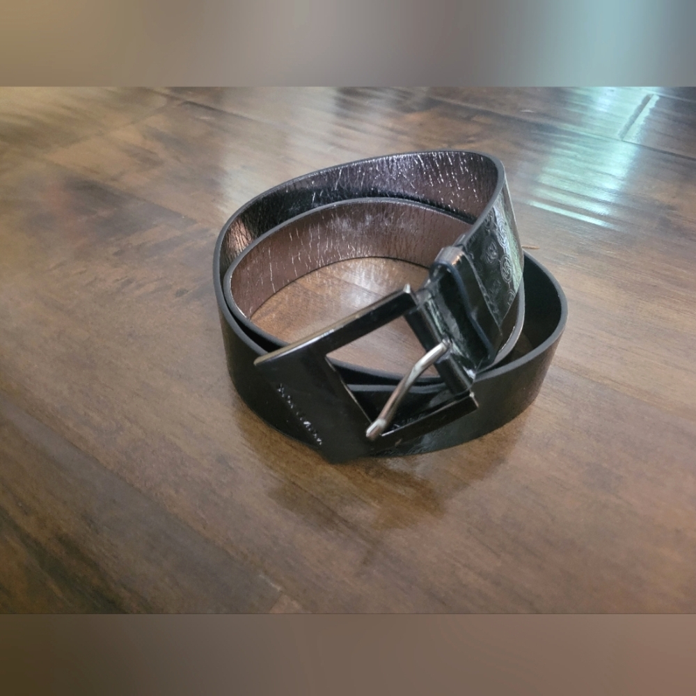 Michael Kors MK Logo Synthetic Leather Belt Black Metallic Monogram Size Medium